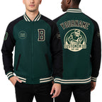 Custom Green Black-Cream Bomber Varsity Letterman Two Tone Zipper Jacket worn front and back