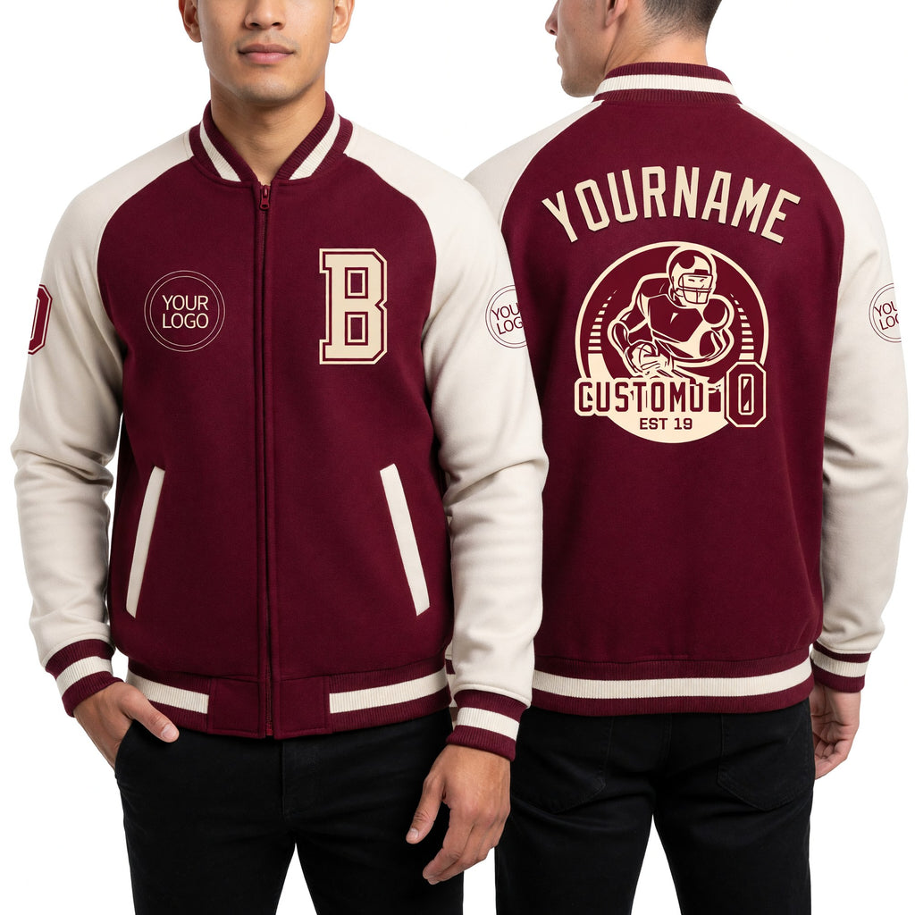 Custom Crimson Cream-Maroon Bomber Varsity Letterman Two Tone Zipper Jacket worn front and back