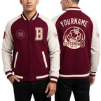 Custom Crimson Cream-Maroon Bomber Varsity Letterman Two Tone Zipper Jacket worn front and back