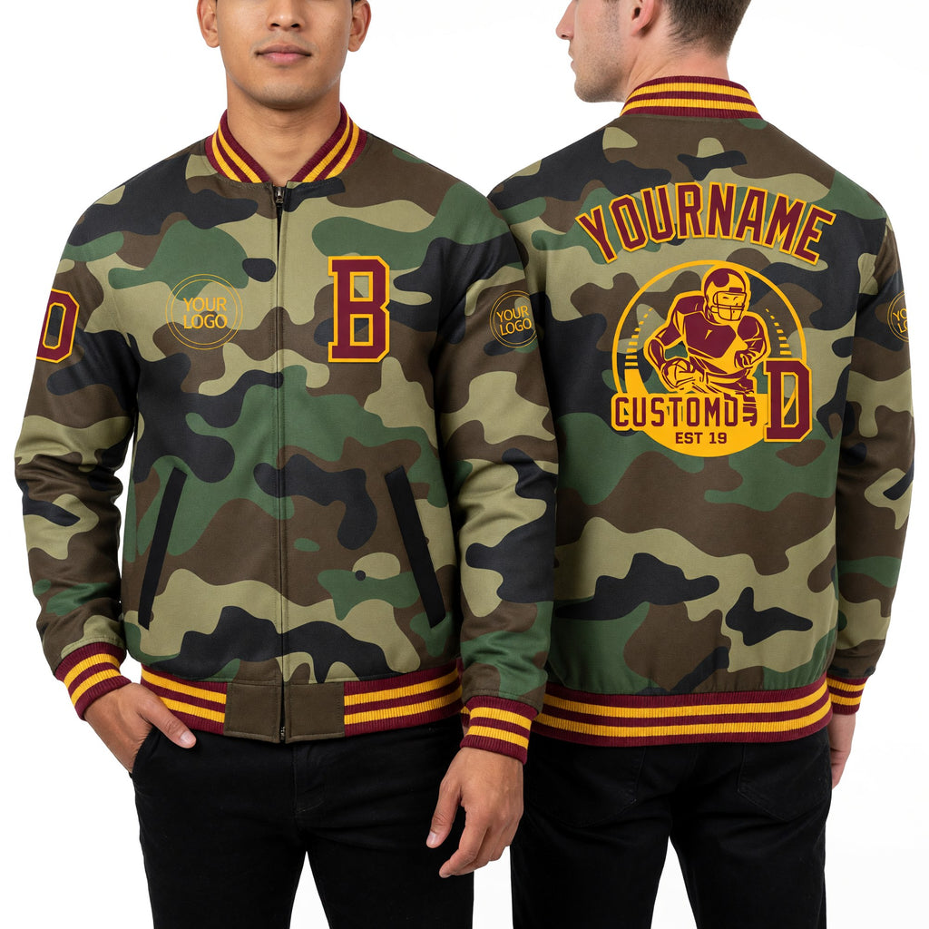Custom Camo Crimson-Gold Bomber Varsity Letterman Salute To Service Zipper Jacket worn front and back