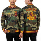 Custom Camo Crimson-Gold Bomber Varsity Letterman Salute To Service Zipper Jacket worn front and back