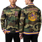 Custom Camo Purple-Gold Bomber Varsity Letterman Salute To Service Zipper Jacket worn front and back
