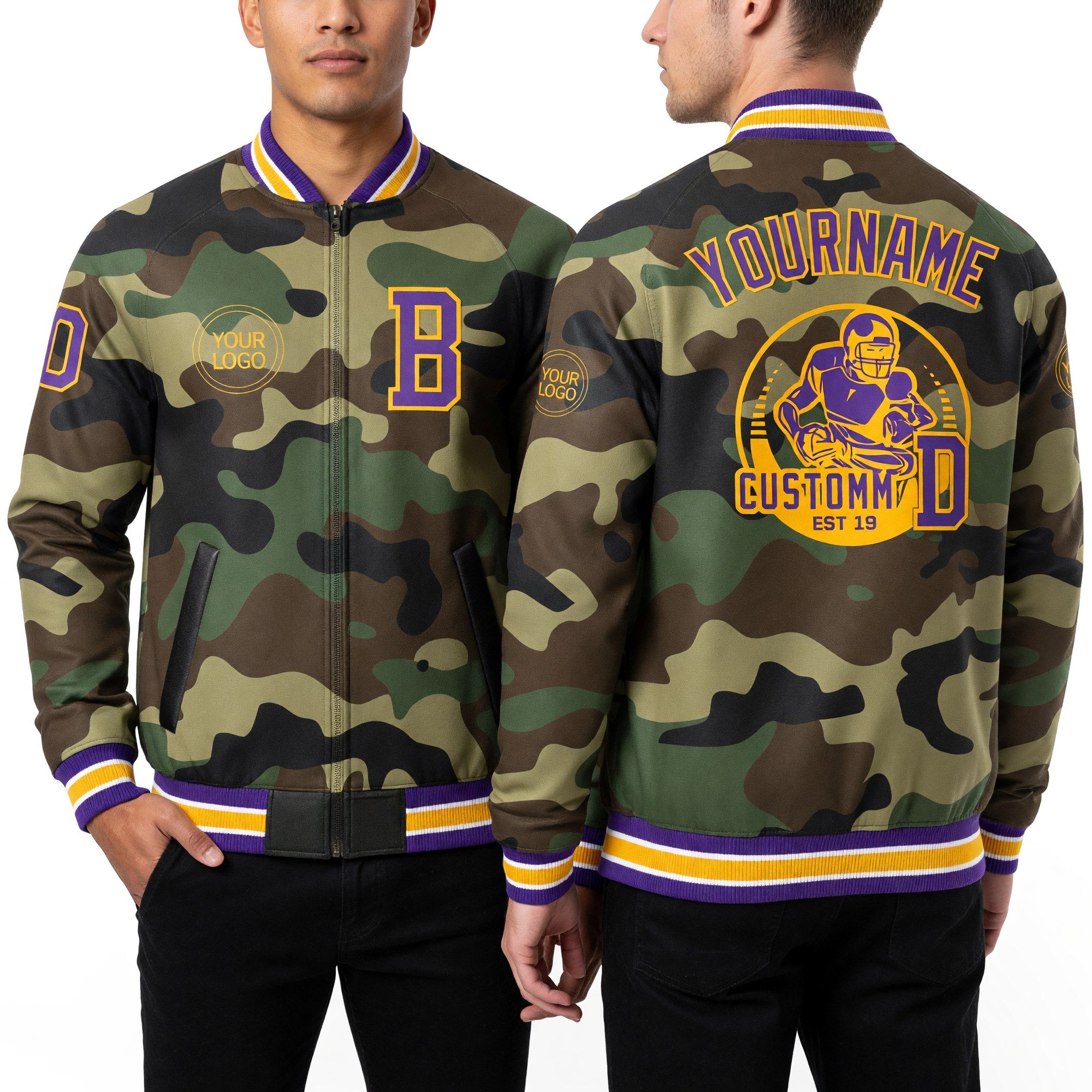 Custom Camo Purple-Gold Bomber Varsity Letterman Salute To Service Zipper Jacket worn front and back