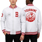Custom White Red Bomber Varsity Letterman Zipper Jacket worn front and back