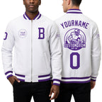 Custom White Purple Bomber Varsity Letterman Zipper Jacket worn front and back