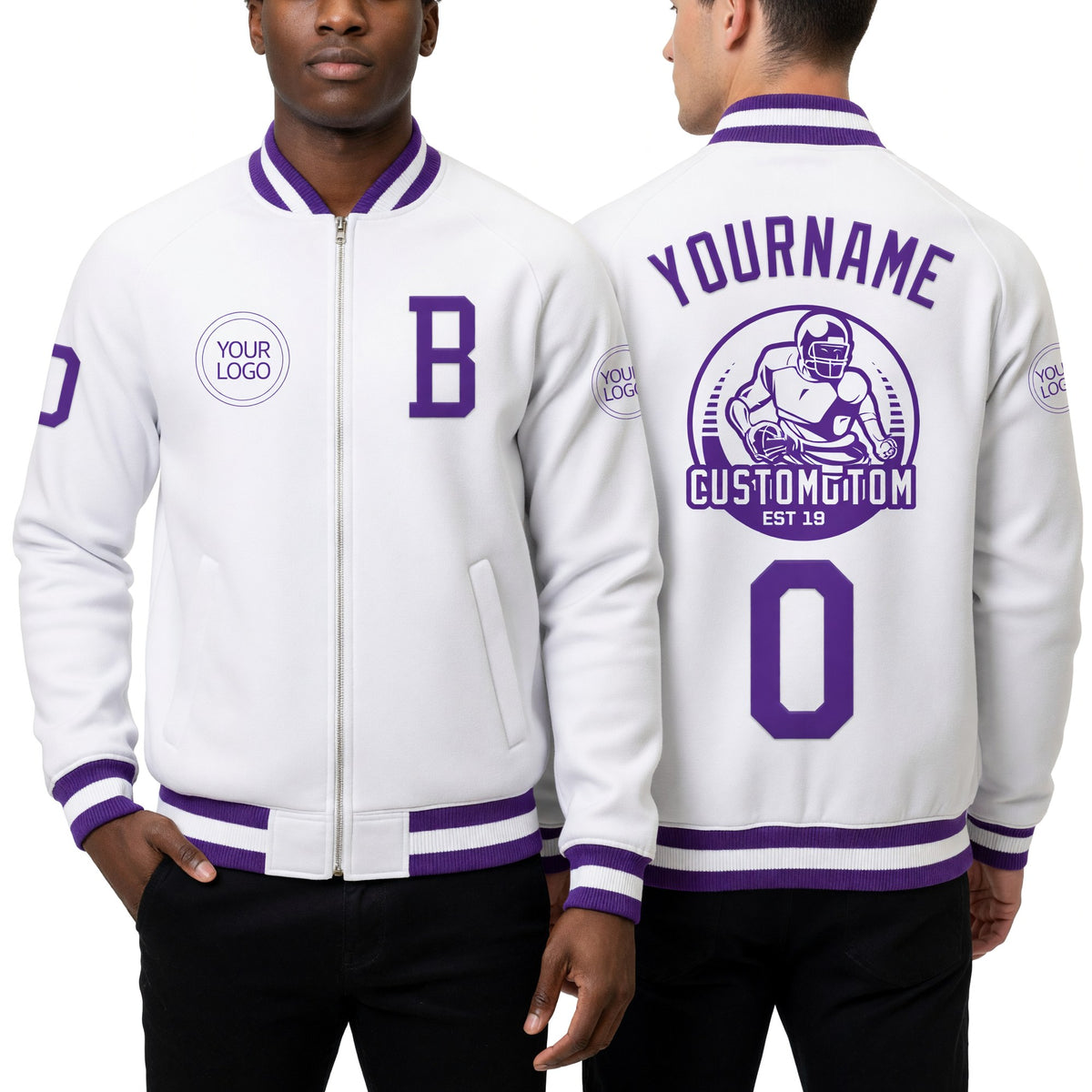 Custom White Purple Bomber Varsity Letterman Zipper Jacket worn front and back