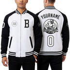 Custom White Black Bomber Varsity Letterman Two Tone Zipper Jacket worn front and back