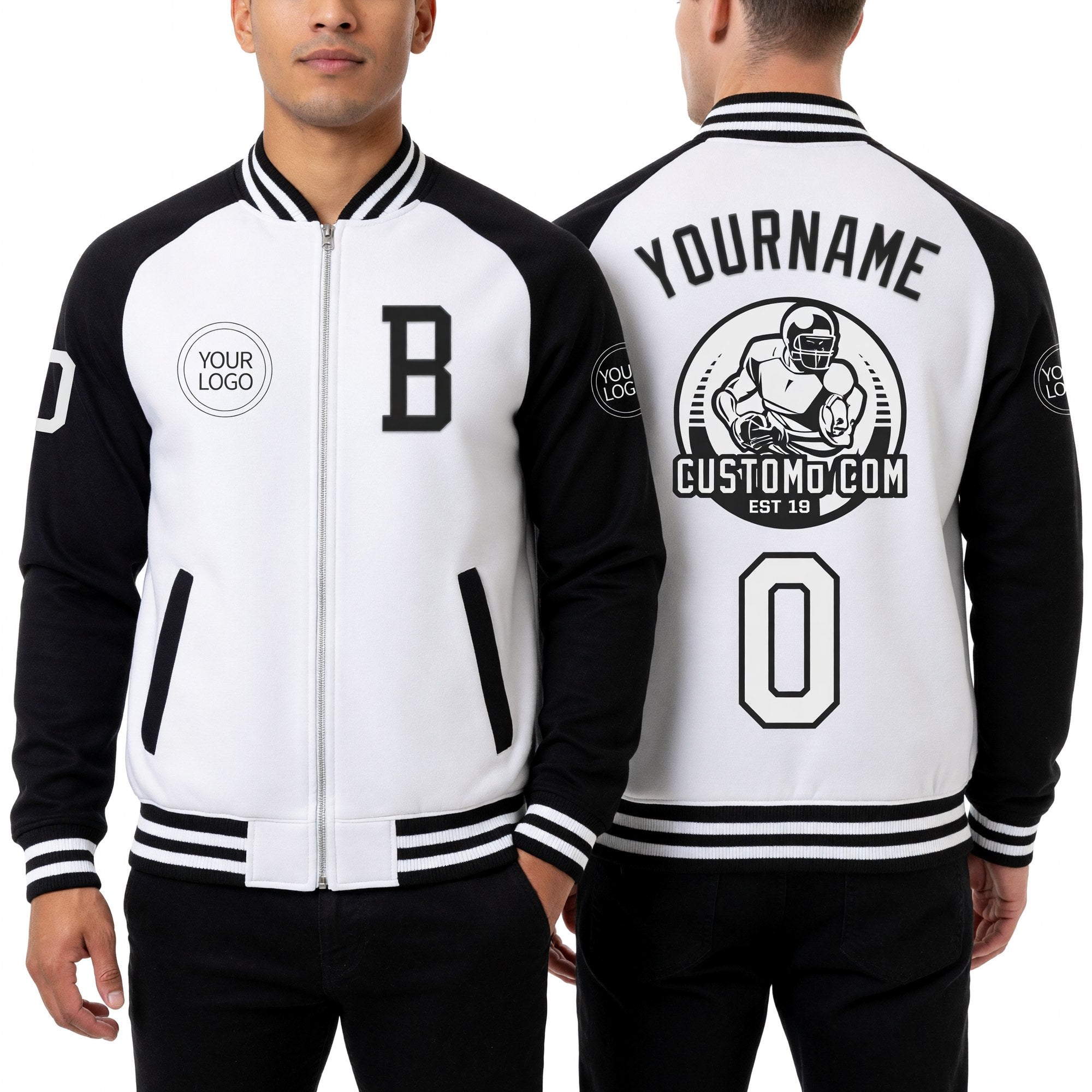 Custom White Black Bomber Varsity Letterman Two Tone Zipper Jacket worn front and back