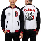 Custom White Red-Black Bomber Varsity Letterman Two Tone Zipper Jacket worn front and back