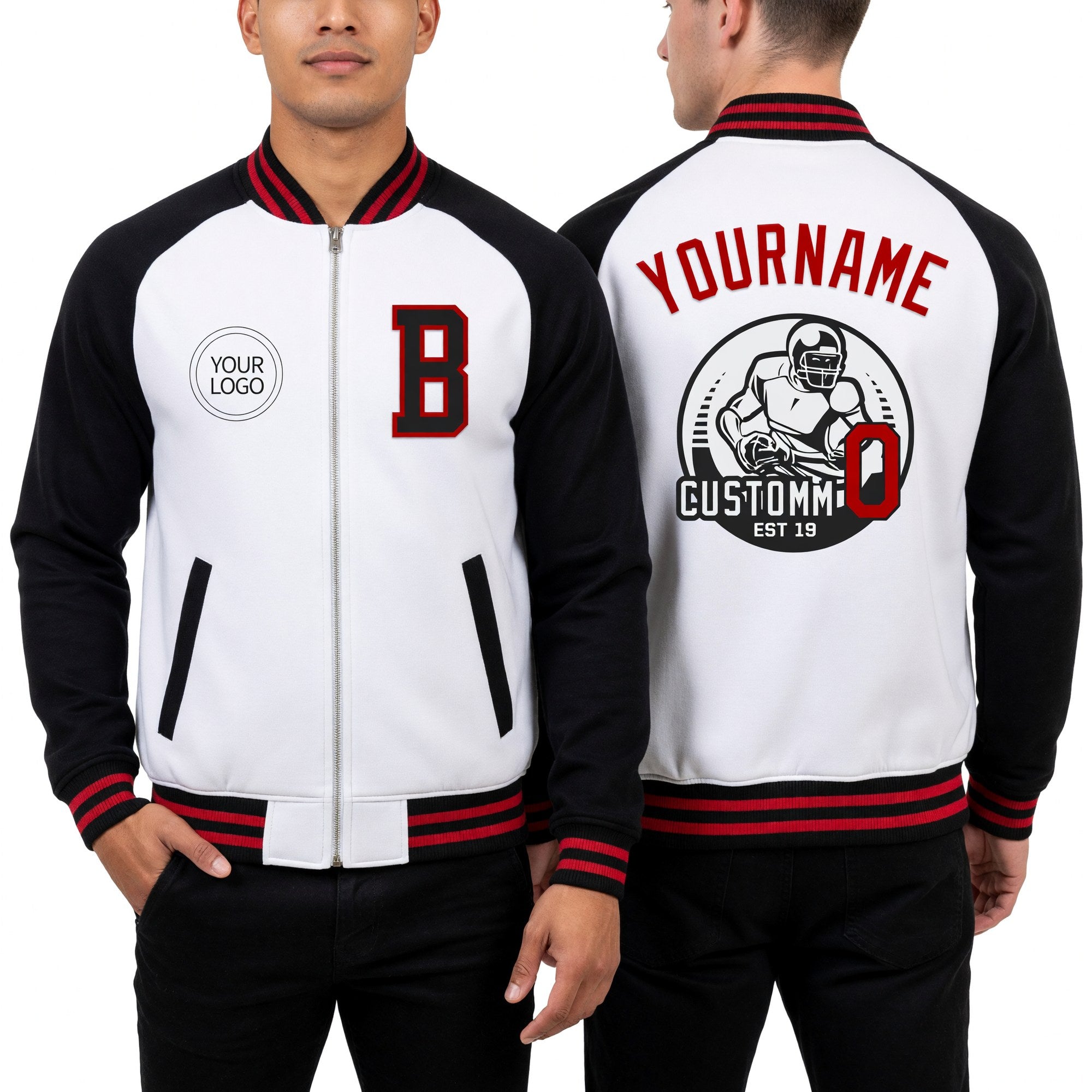 Custom White Red-Black Bomber Varsity Letterman Two Tone Zipper Jacket worn front and back