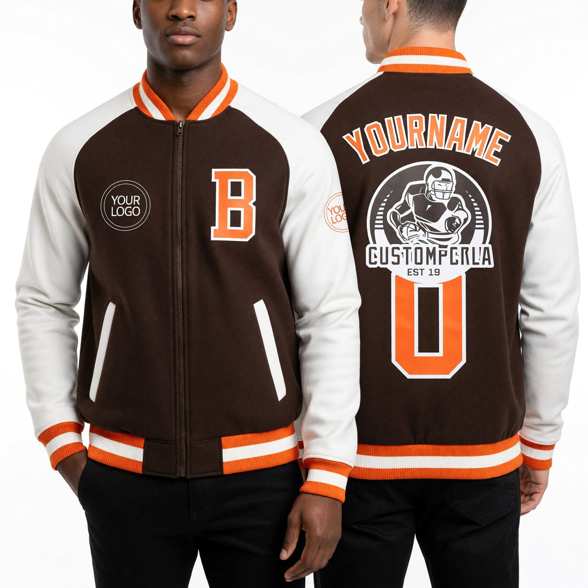 Custom Brown Orange-White Bomber Varsity Letterman Two Tone Zipper Jacket worn front and back
