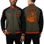 Custom Olive Orange-Black Bomber Varsity Letterman Two Tone Salute To Service Zipper Jacket worn front and back