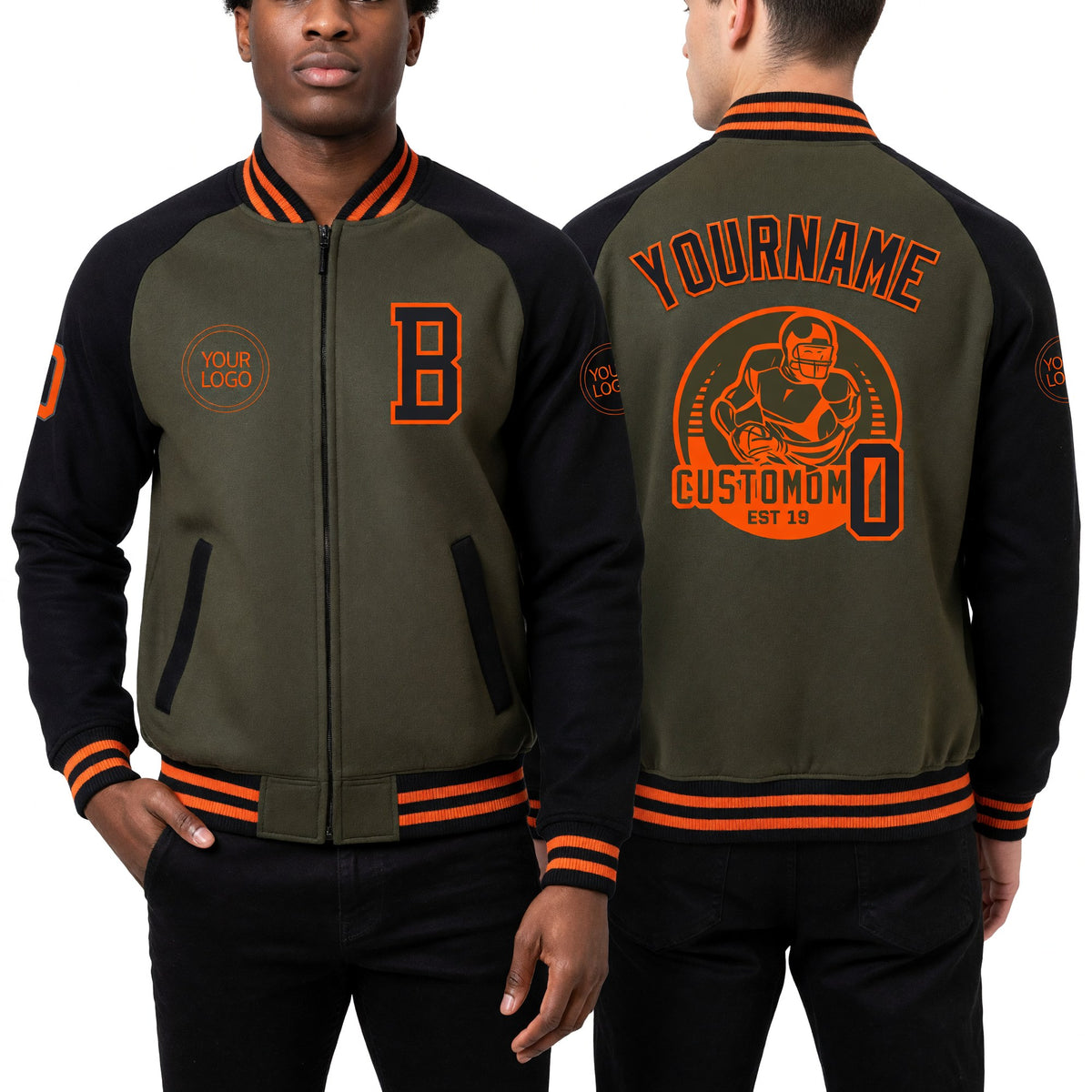 Custom Olive Orange-Black Bomber Varsity Letterman Two Tone Salute To Service Zipper Jacket worn front and back