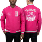 Custom Pink White Bomber Varsity Letterman Zipper Jacket worn front and back