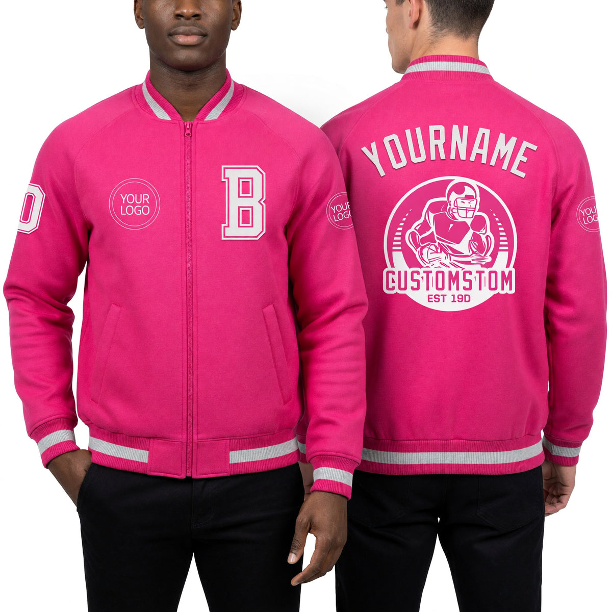 Custom Pink White Bomber Varsity Letterman Zipper Jacket worn front and back