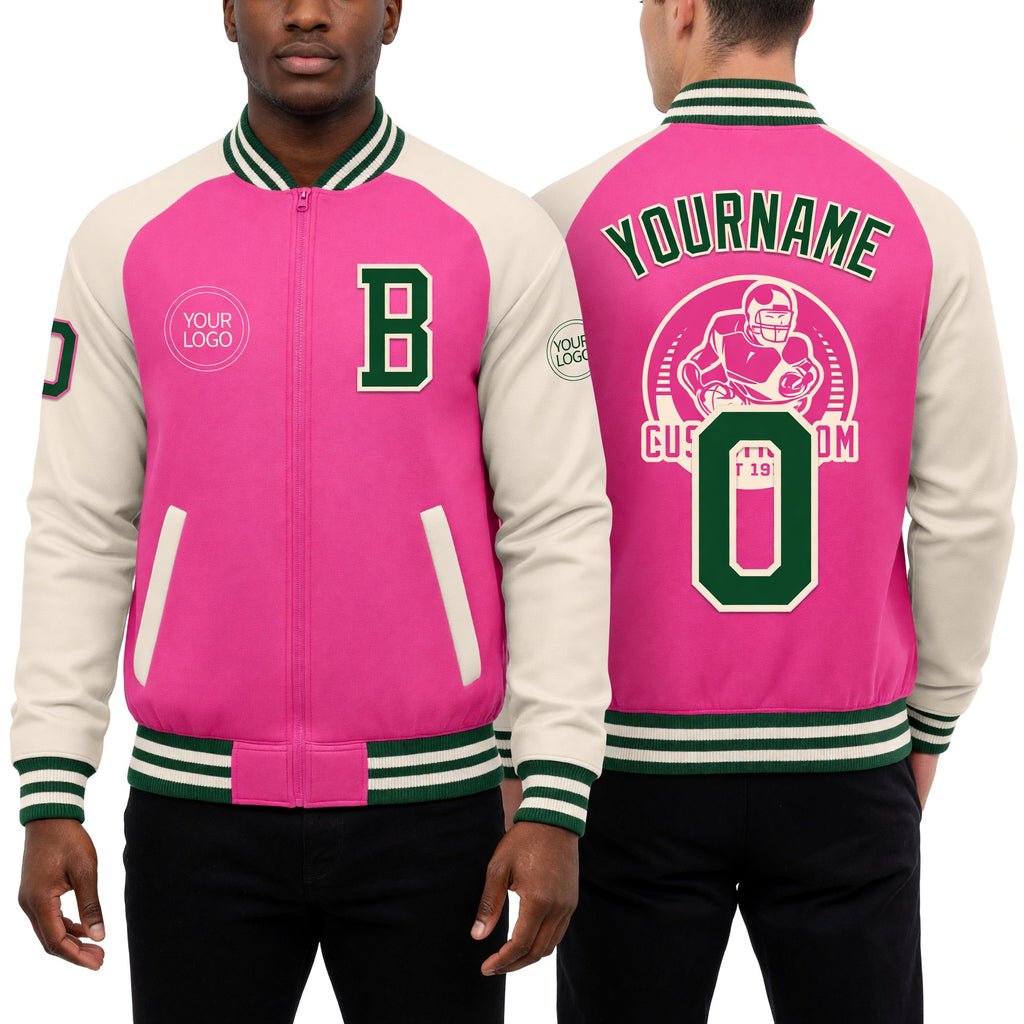 Custom Pink Green-Cream Bomber Varsity Letterman Two Tone Zipper Jacket worn front and back