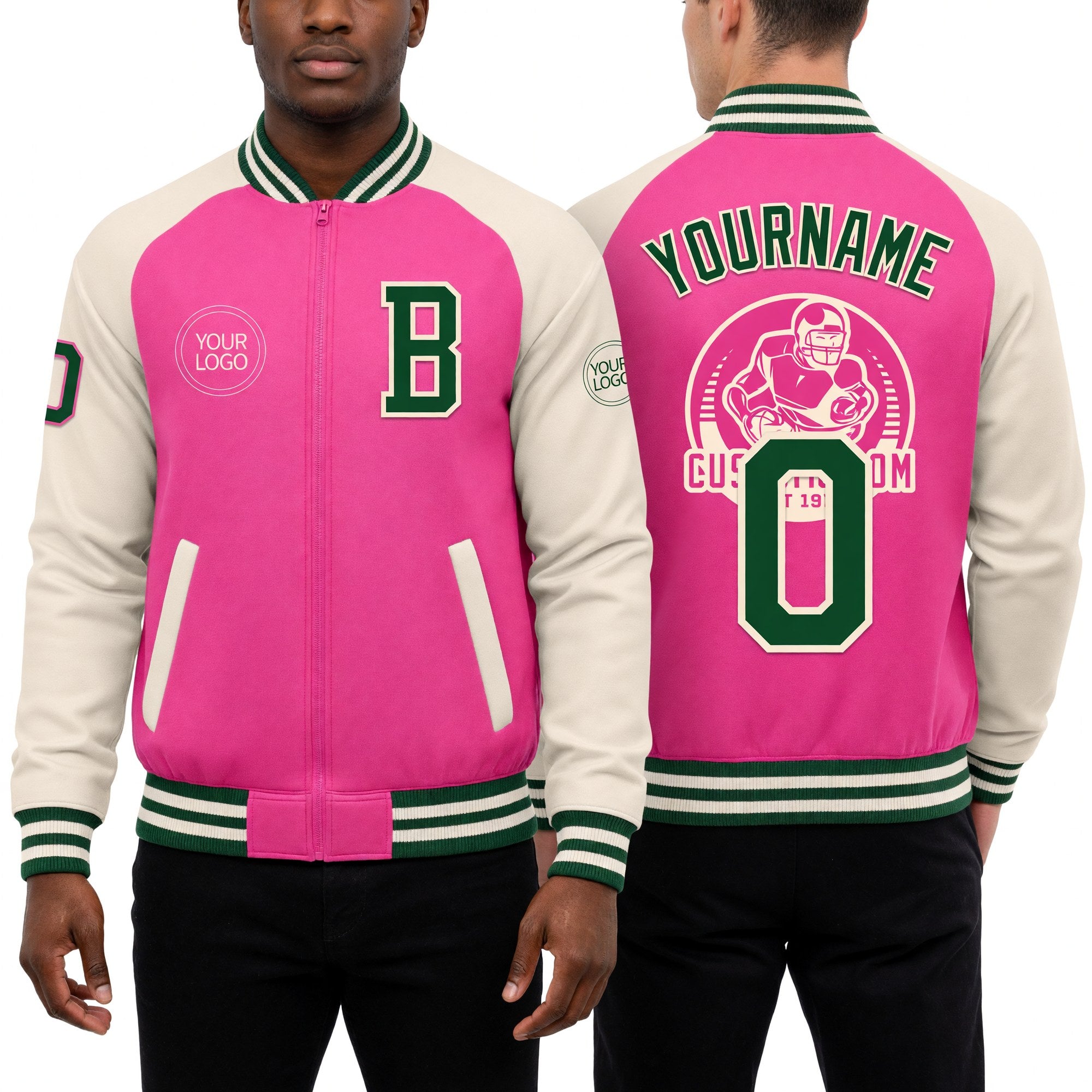 Custom Pink Green-Cream Bomber Varsity Letterman Two Tone Zipper Jacket worn front and back