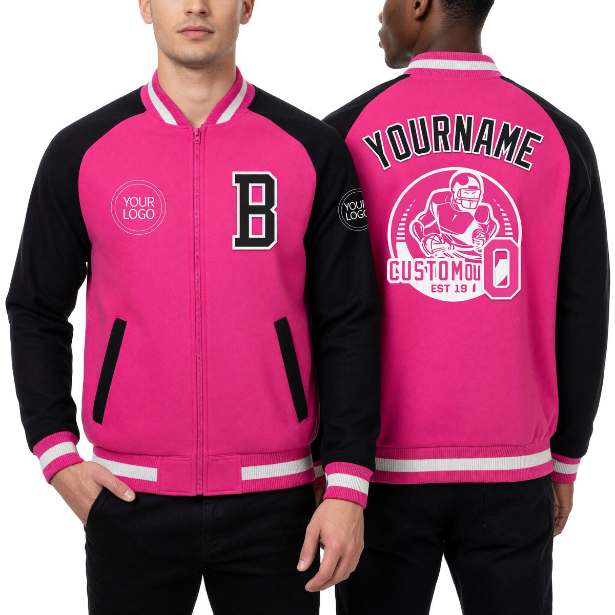 Custom Pink White-Black Bomber Varsity Letterman Two Tone Zipper Jacket worn front and back
