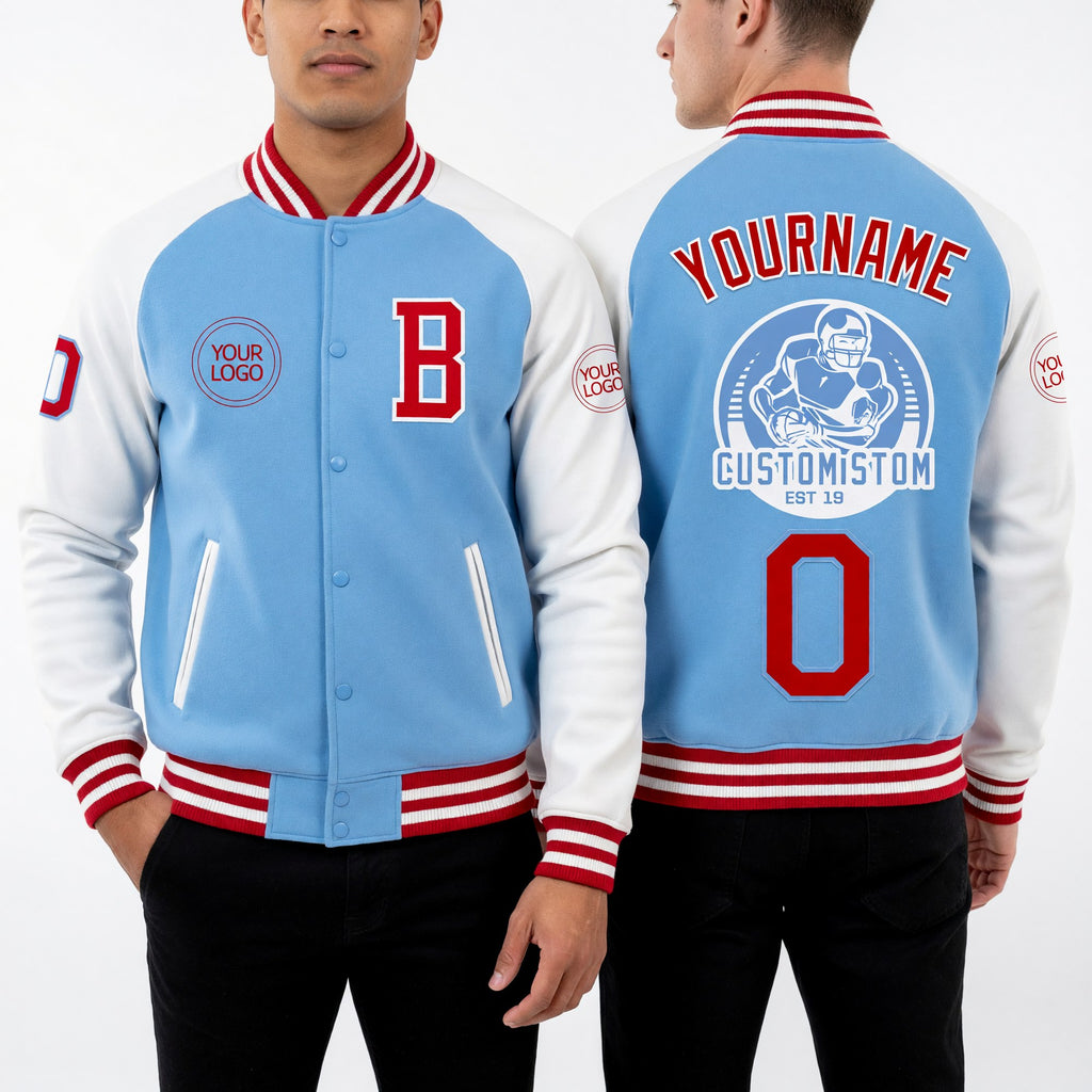 Custom Light Blue Red-White Bomber Varsity Letterman Two Tone Zipper Jacket worn front and back