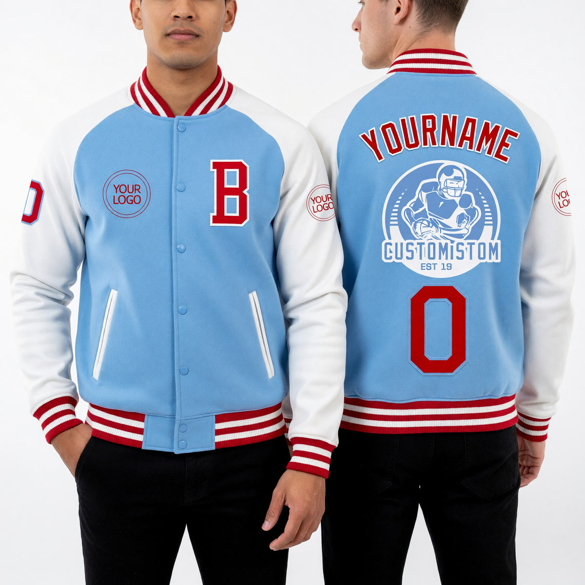 Custom Light Blue Red-White Bomber Varsity Letterman Two Tone Zipper Jacket worn front and back