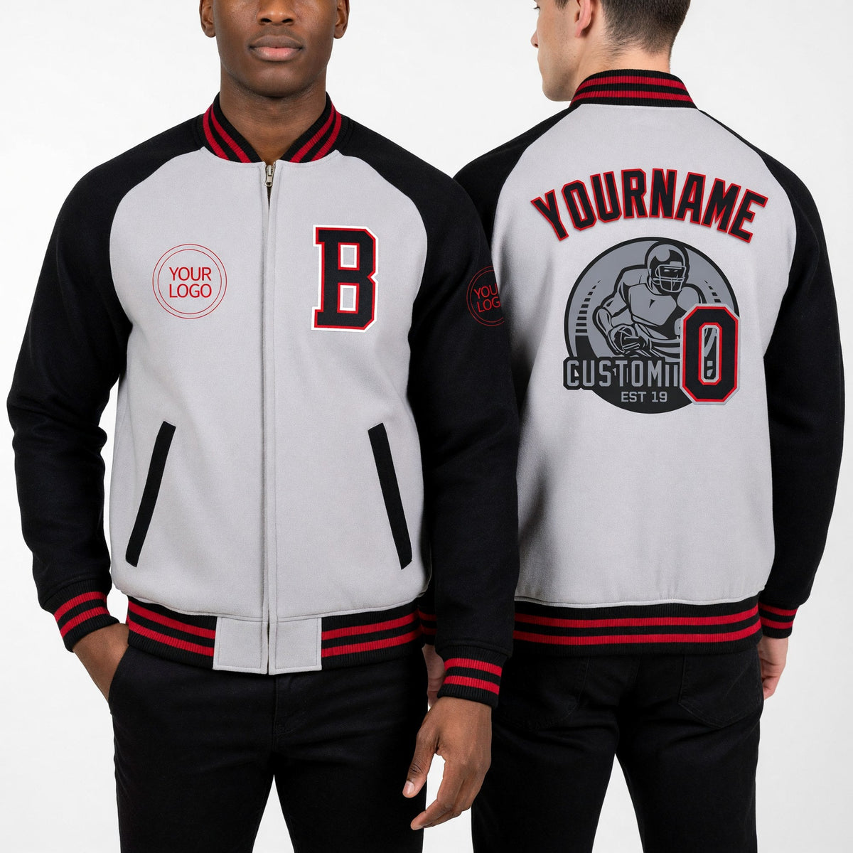 Custom Gray Red-Black Bomber Varsity Letterman Two Tone Zipper Jacket worn front and back