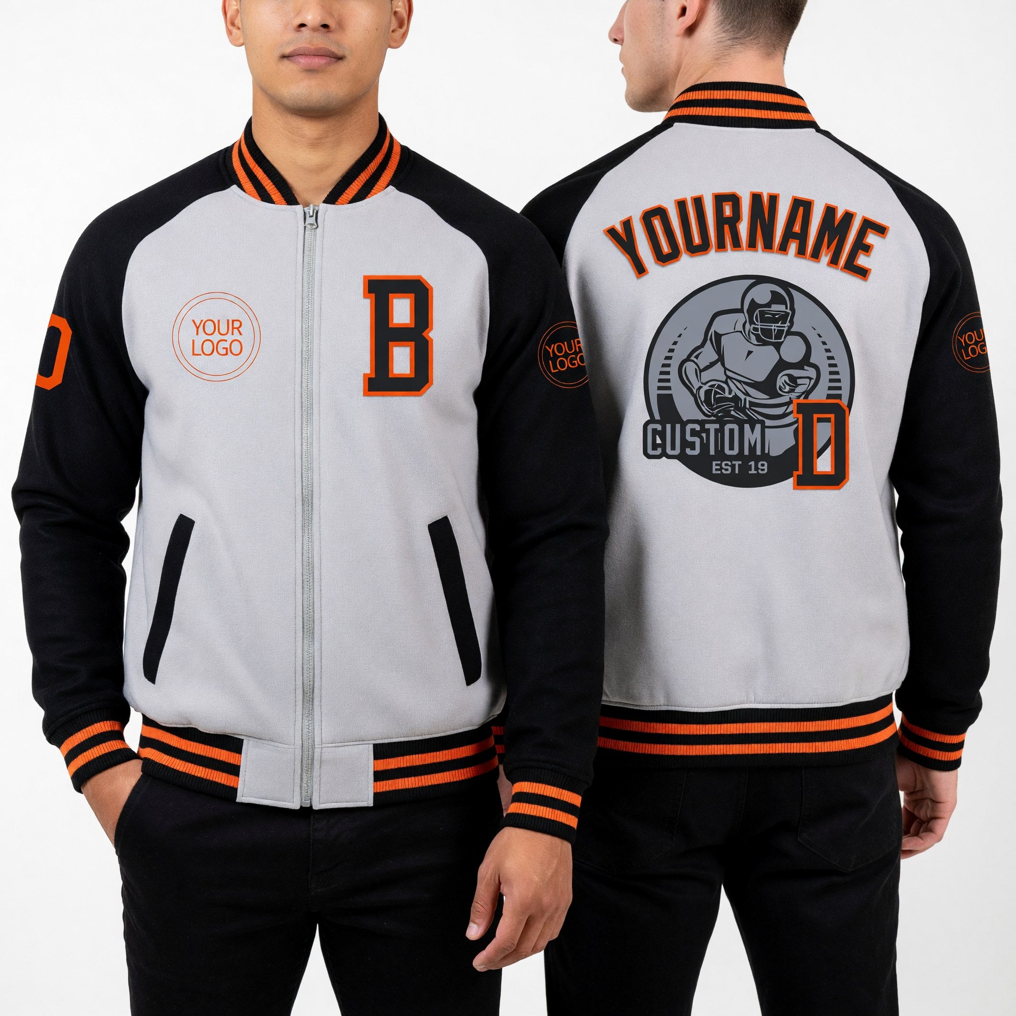 Custom Gray Orange-Black Bomber Varsity Letterman Two Tone Zipper Jacket worn front and back