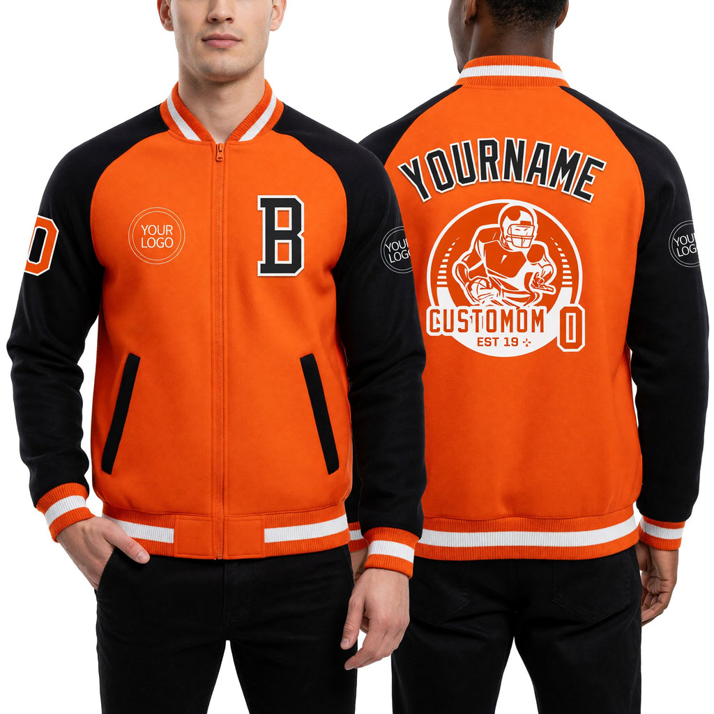Custom Orange White-Black Bomber Varsity Letterman Two Tone Zipper Jacket worn front and back