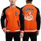 Custom Orange White-Black Bomber Varsity Letterman Two Tone Zipper Jacket worn front and back