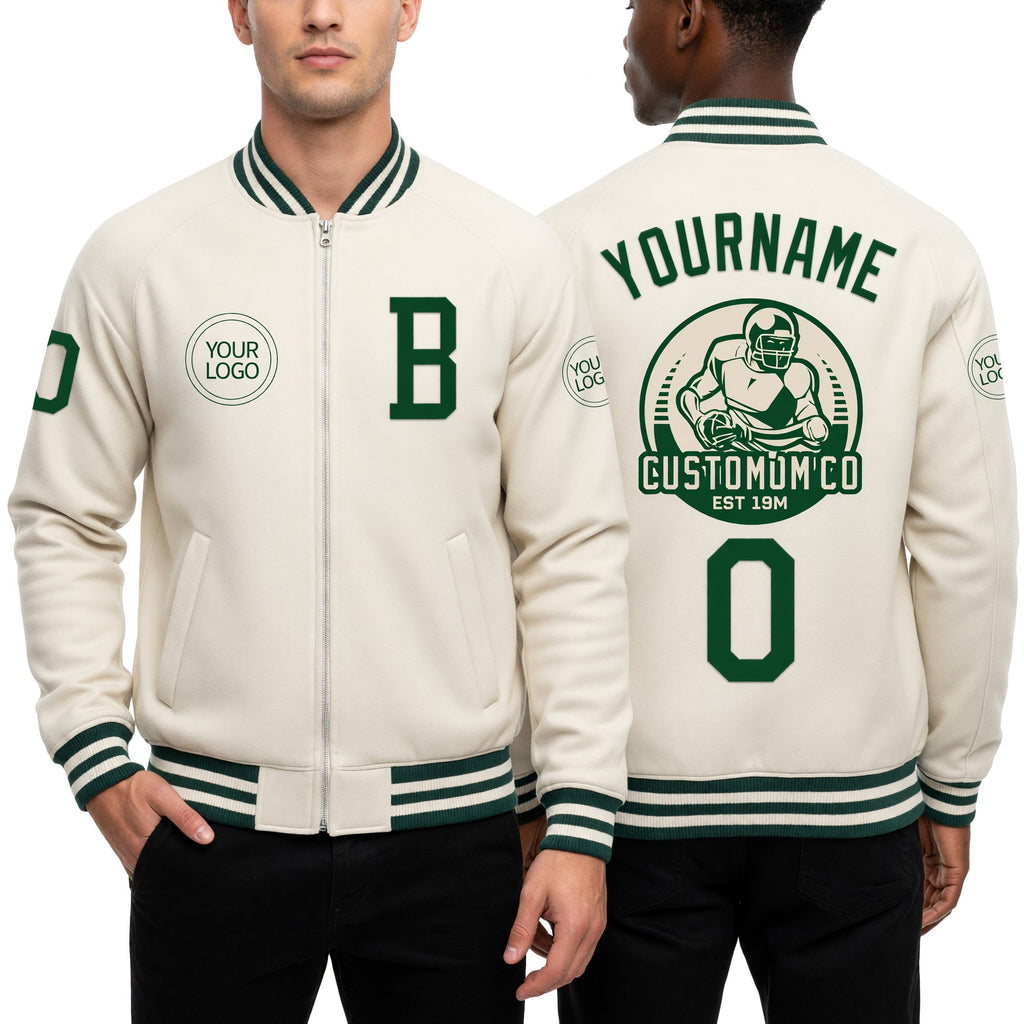 Custom Cream Green Bomber Varsity Letterman Zipper Jacket worn front and back