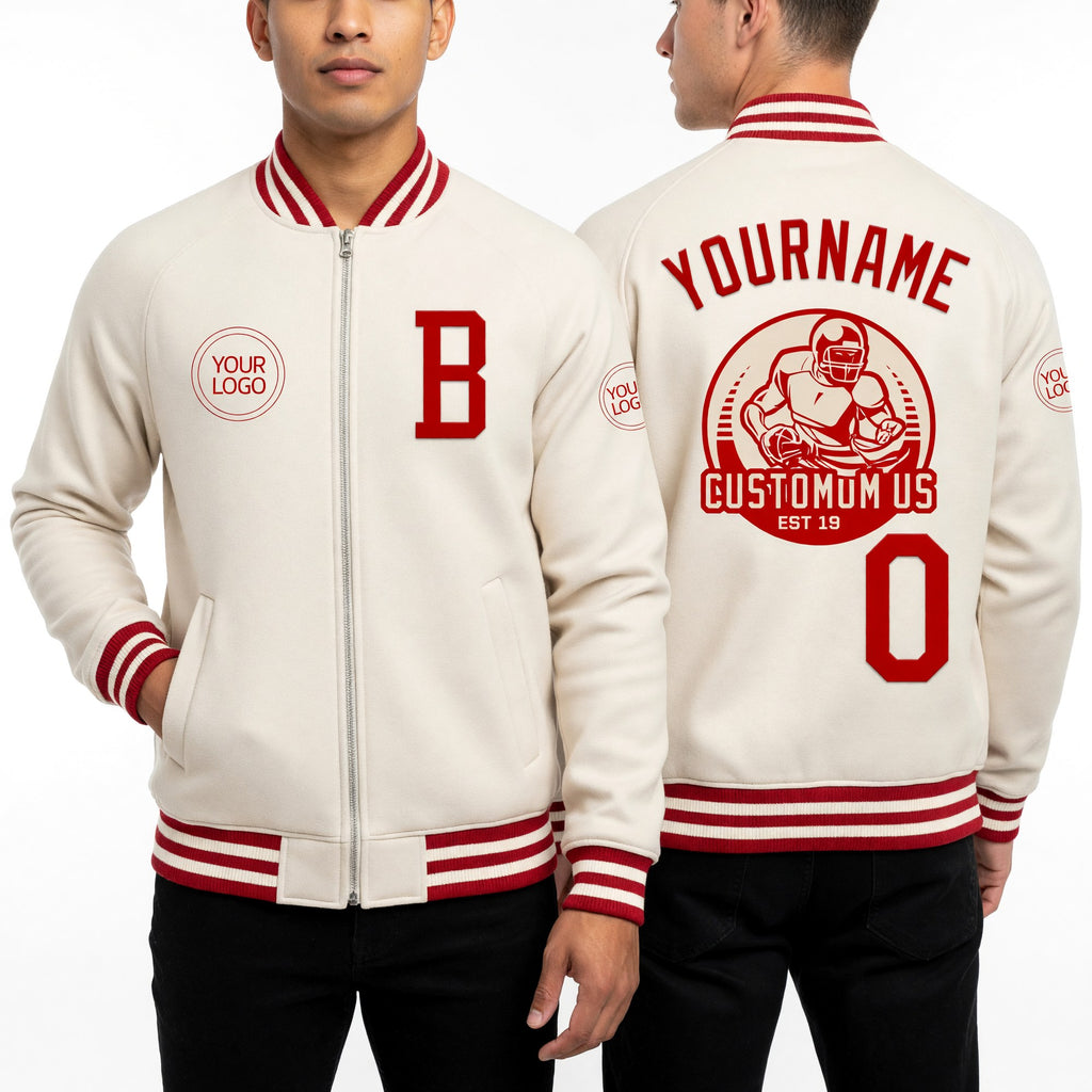 Custom Cream Red-White Bomber Varsity Letterman Zipper Jacket worn front and back