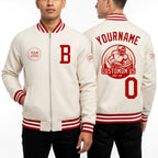 Custom Cream Red-White Bomber Varsity Letterman Zipper Jacket worn front and back