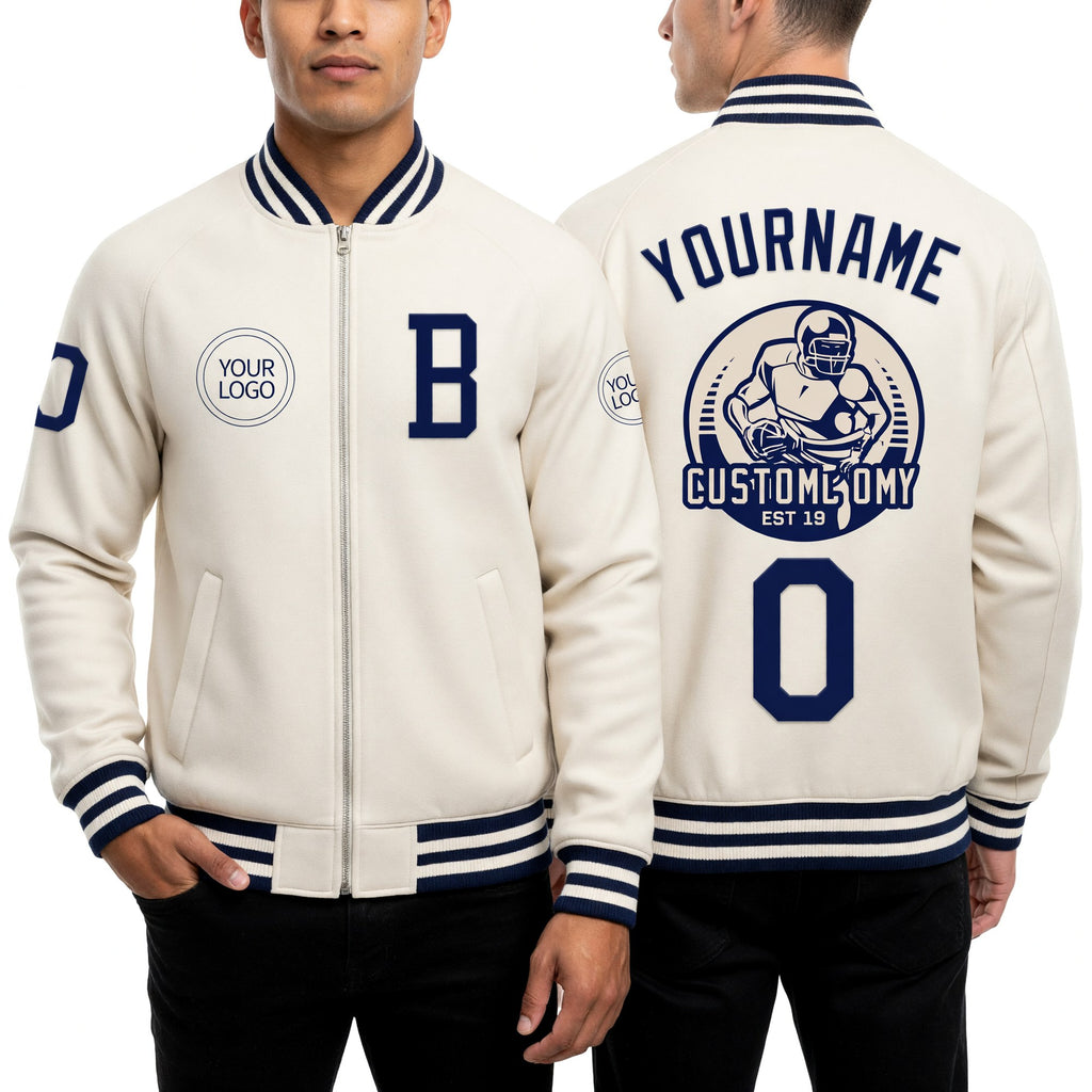 Custom Cream Navy-White Bomber Varsity Letterman Zipper Jacket worn front and back
