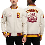 Custom Cream Crimson-Gold Bomber Varsity Letterman Zipper Jacket worn front and back