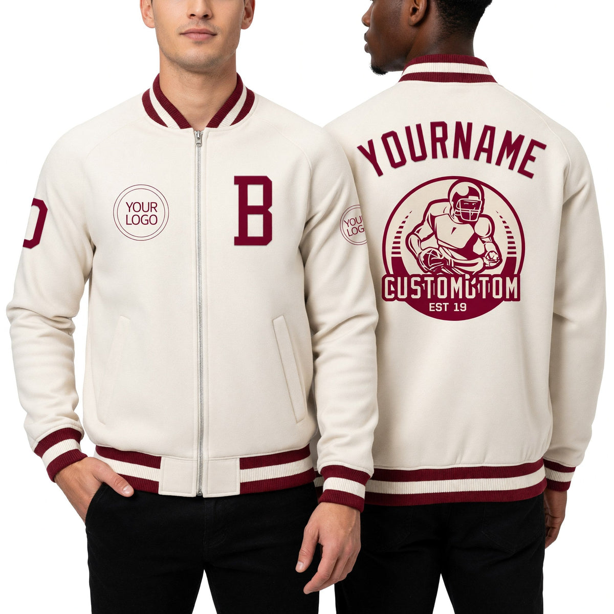 Custom Cream Maroon Bomber Varsity Letterman Zipper Jacket worn front and back