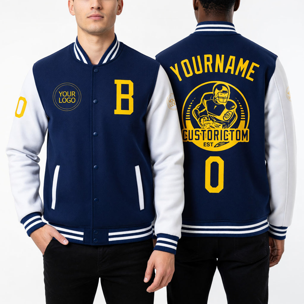 Custom Royal Yellow-White Bomber Full-Snap Varsity Letterman Two Tone Jacket worn front and back
