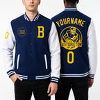 Custom Royal Yellow-White Bomber Full-Snap Varsity Letterman Two Tone Jacket worn front and back