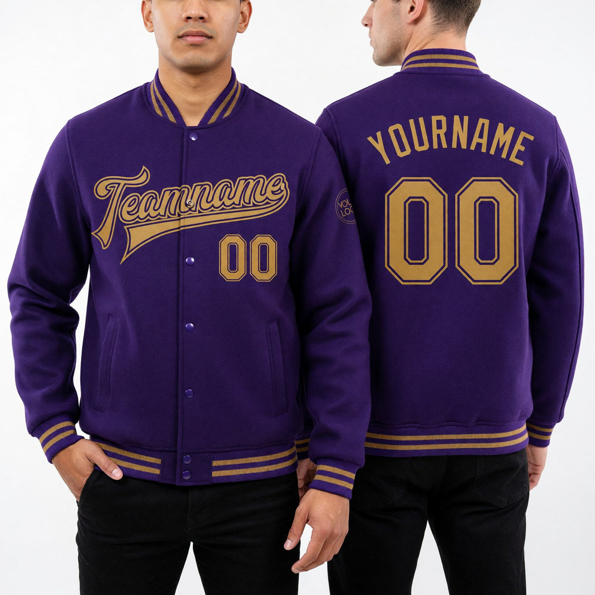 Custom Purple Old Gold Bomber Full-Snap Varsity Letterman Jacket worn front and back