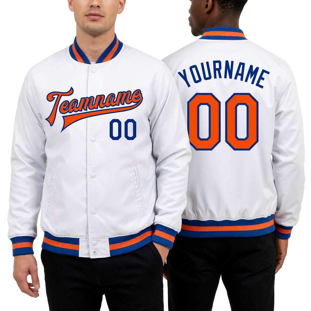 Custom White Orange-Royal Bomber Full-Snap Varsity Faux Leather Letterman Jacket worn front and back