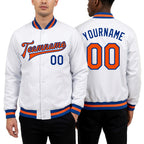 Custom White Orange-Royal Bomber Full-Snap Varsity Faux Leather Letterman Jacket worn front and back