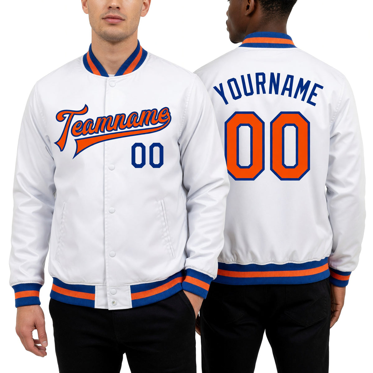 Custom White Orange-Royal Bomber Full-Snap Varsity Faux Leather Letterman Jacket worn front and back