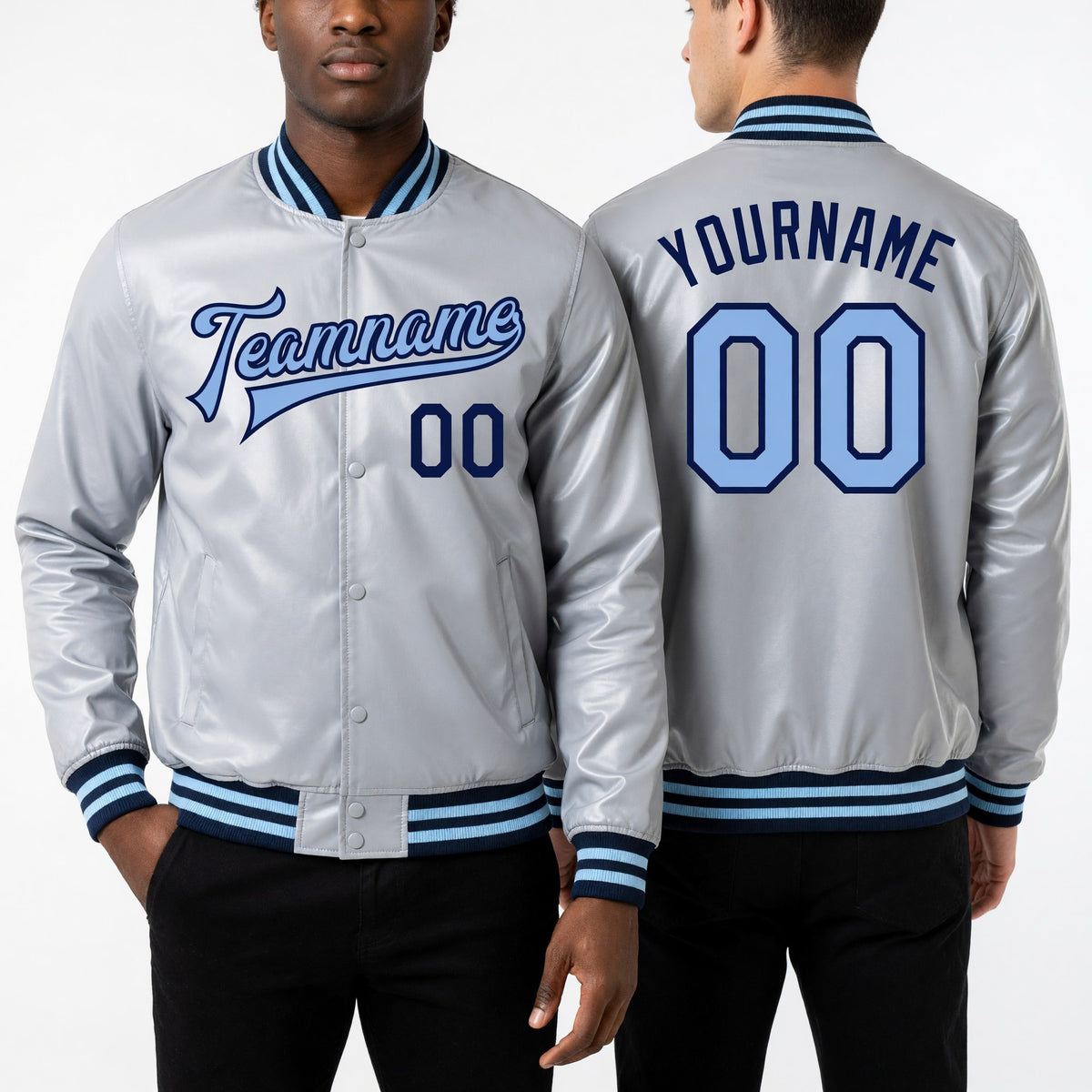 Custom Gray Light Blue-Navy Bomber Full-Snap Varsity Faux Leather Letterman Jacket worn front and back