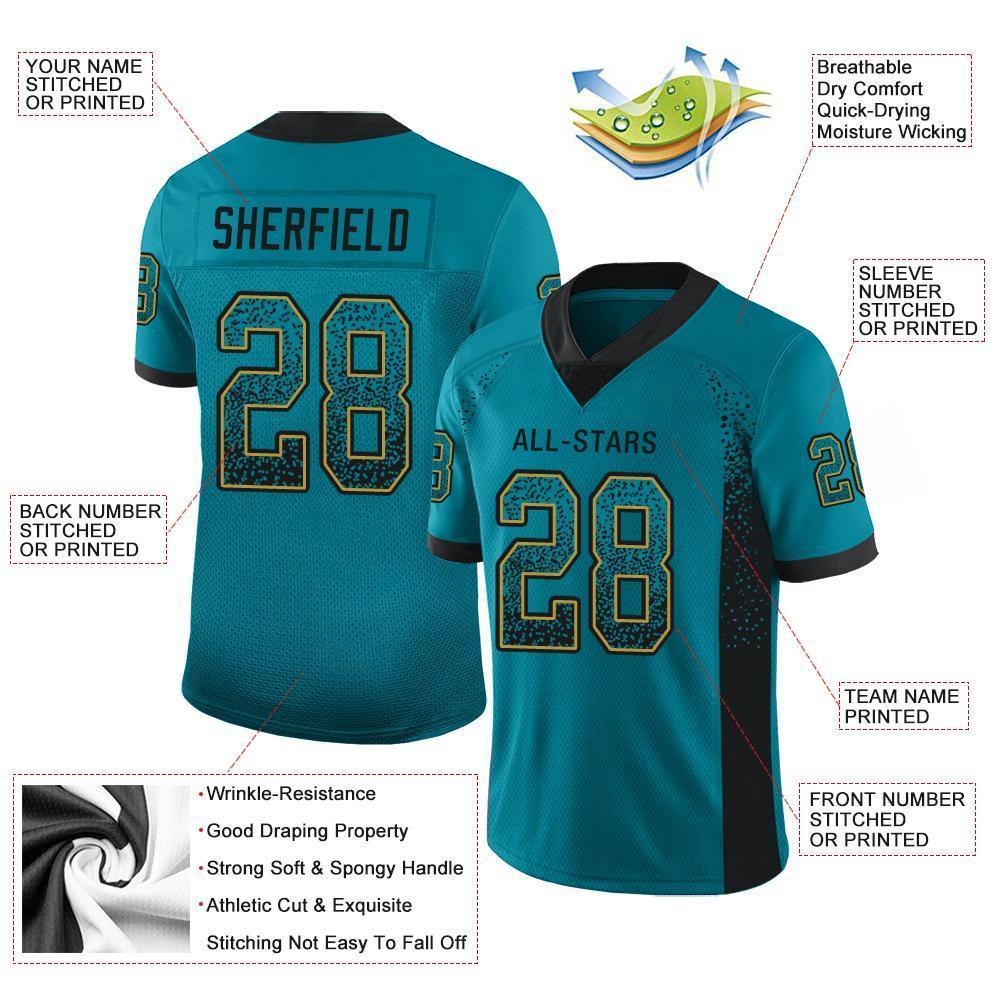 Custom Teal Black-Old Gold Drift Fashion Football Jersey photo 3