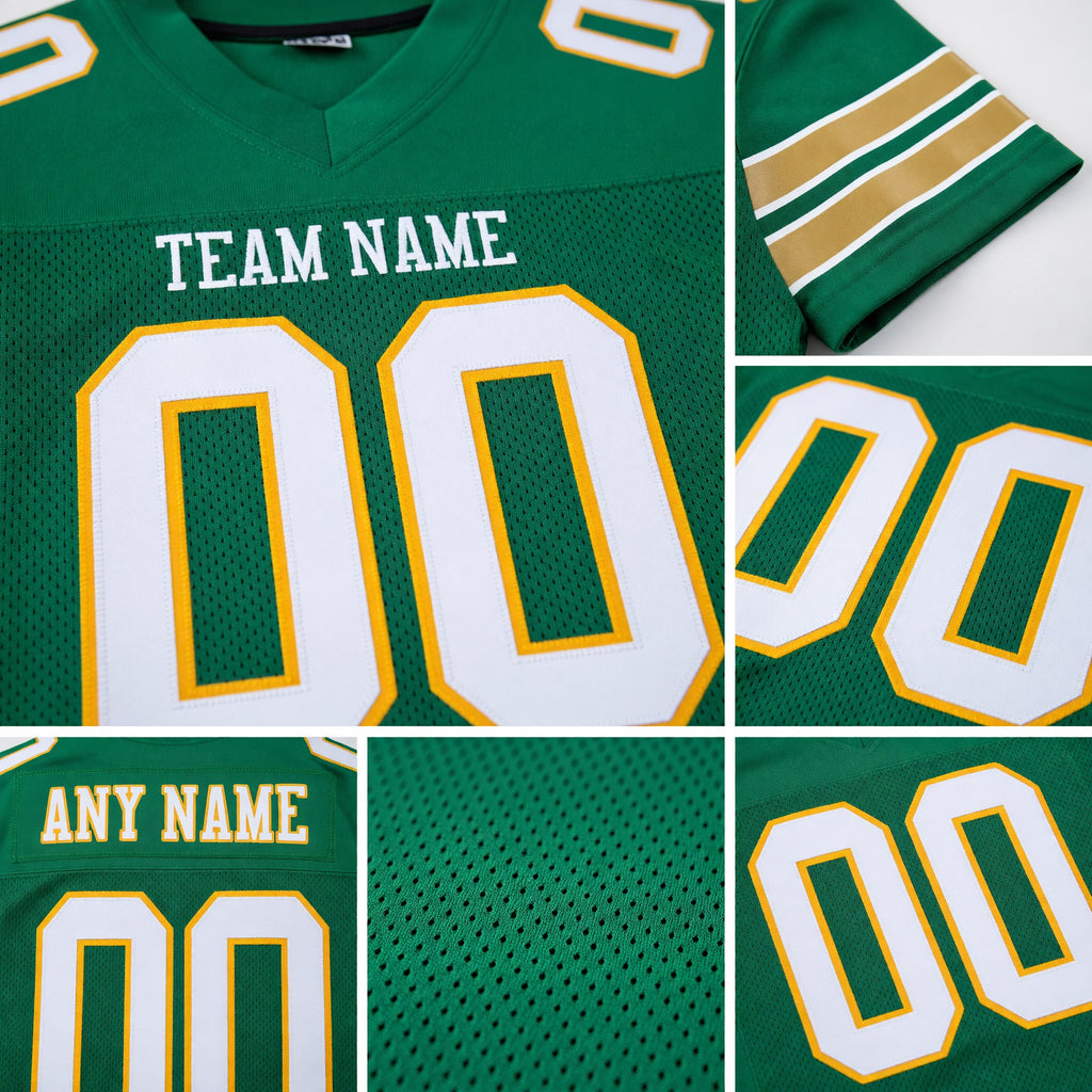 Custom Grass Green White-Gold Mesh Authentic Football Jersey detail