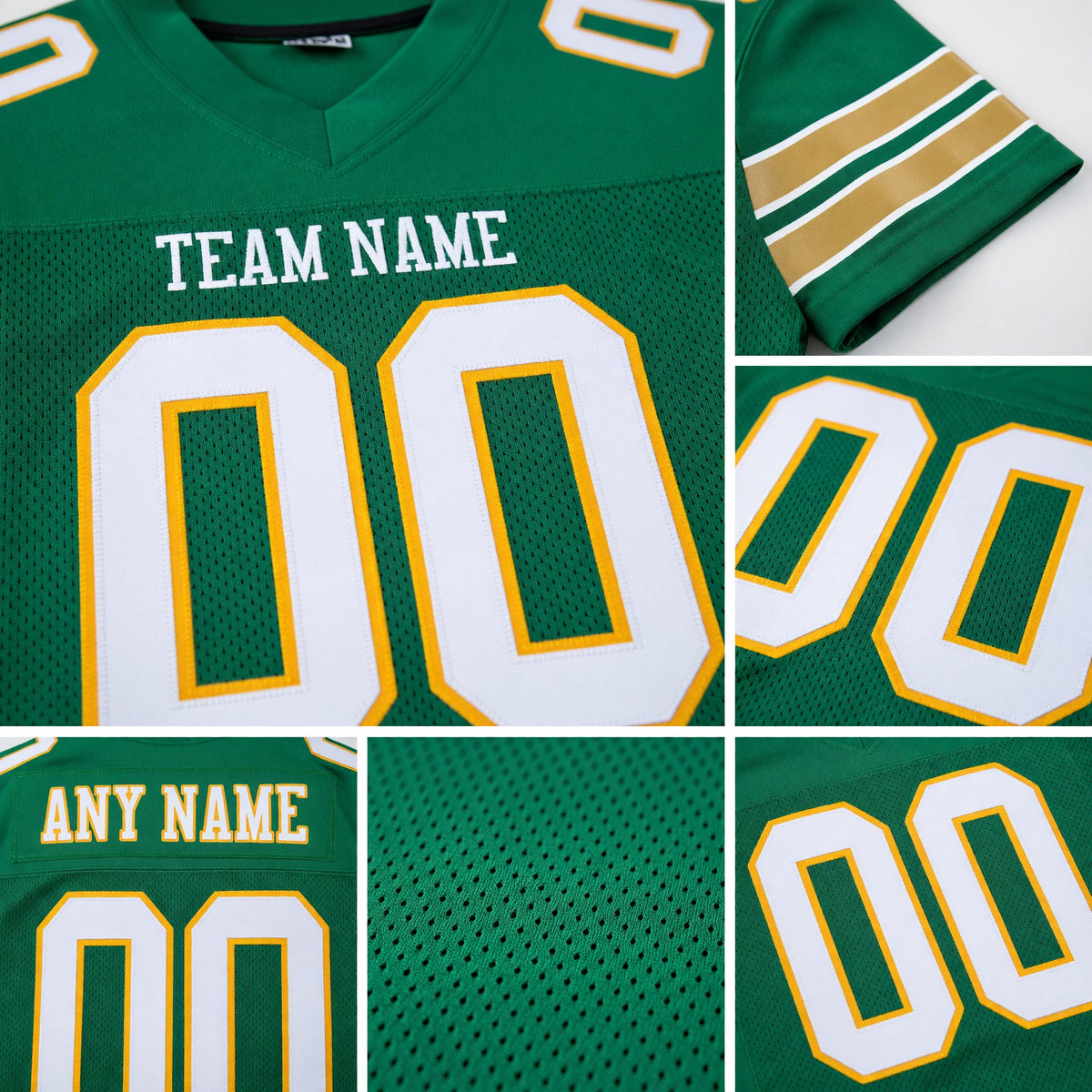 Custom Grass Green White-Gold Mesh Authentic Football Jersey detail