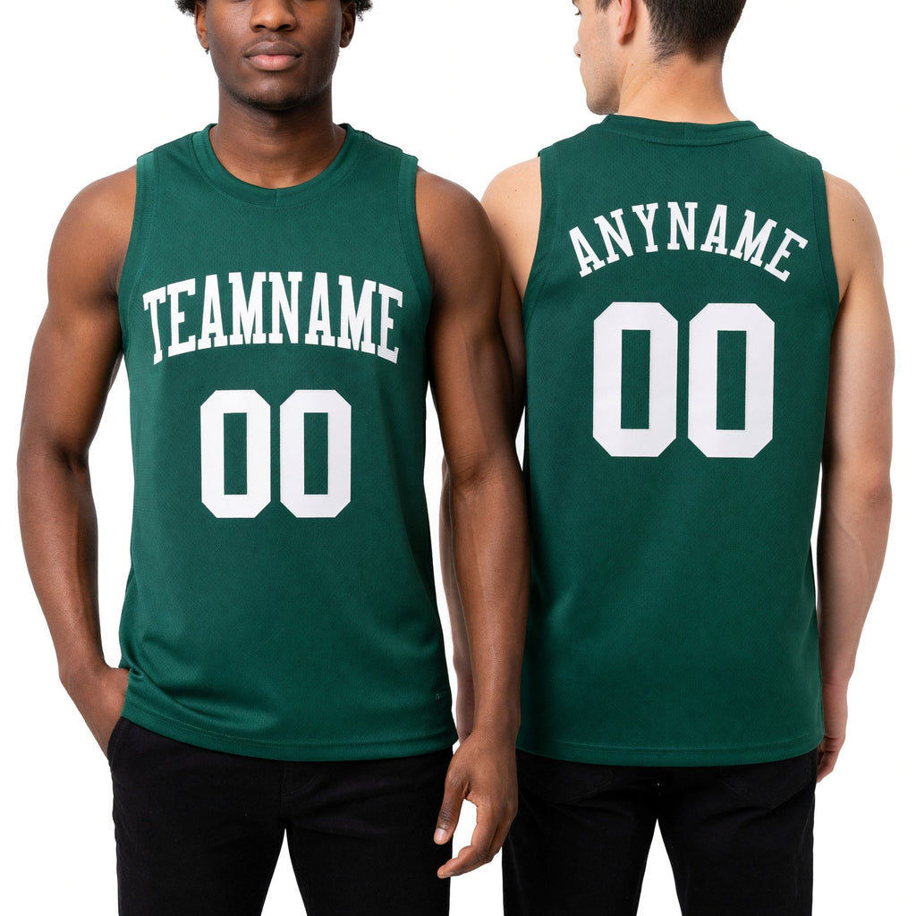 Custom Kelly Green White Round Neck Basketball Jersey worn front and back