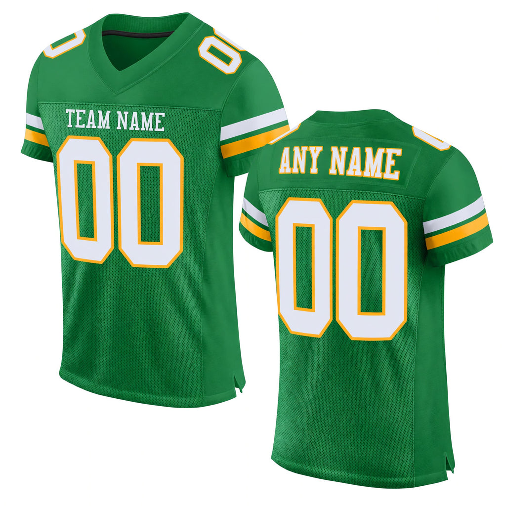 Custom Grass Green White-Gold Mesh Authentic Football Jersey