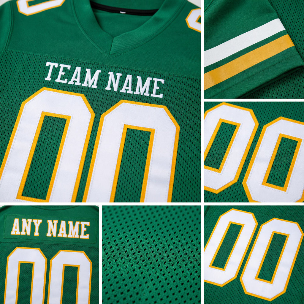 Custom Grass Green White-Gold Mesh Authentic Football Jersey detail