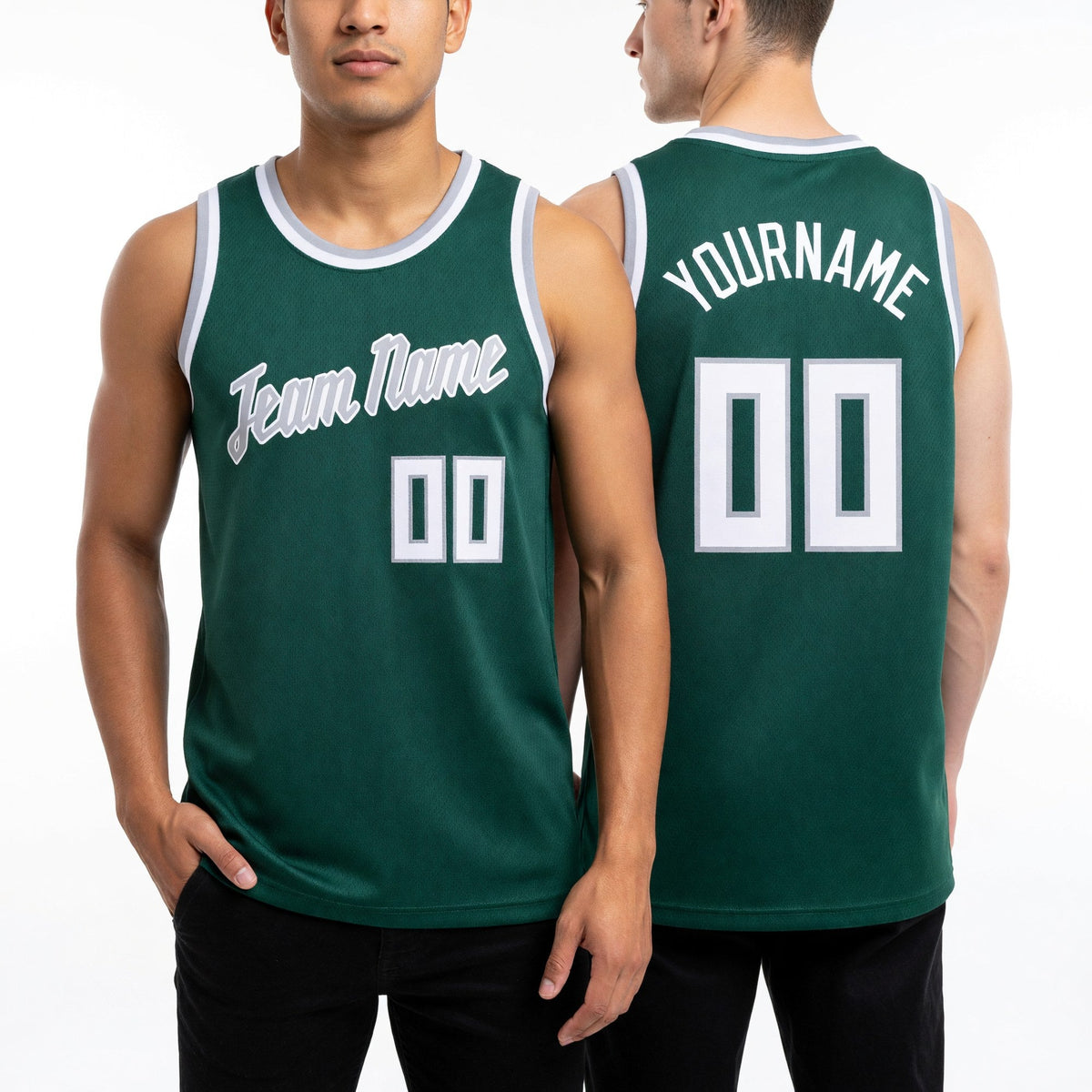 Custom Kelly Green White-Gray Round Neck Rib-Knit Basketball Jersey worn front and back