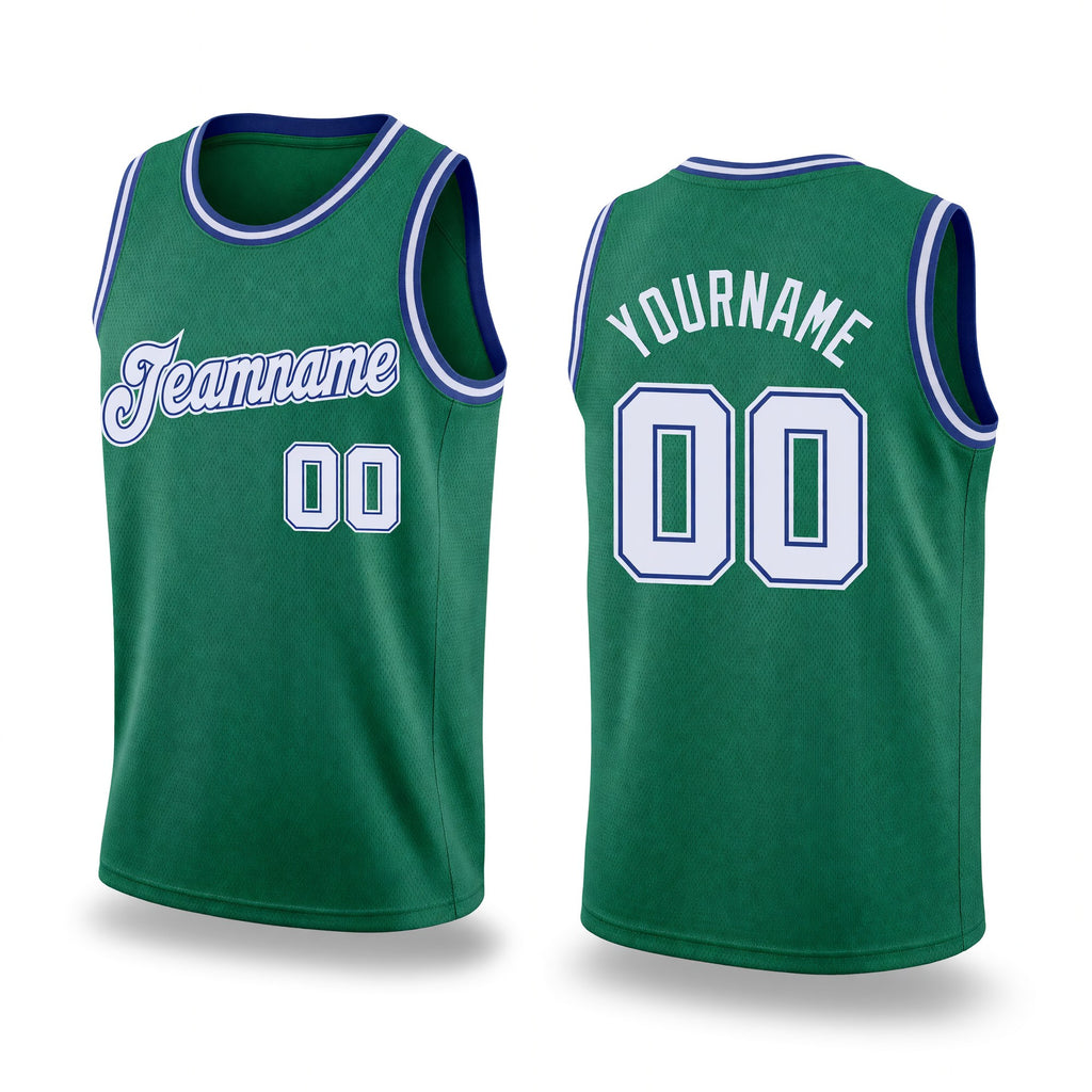 Custom Kelly Green White-Royal Round Neck Rib-Knit Basketball Jersey