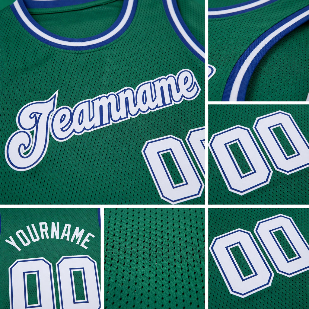 Custom Kelly Green White-Royal Round Neck Rib-Knit Basketball Jersey detail